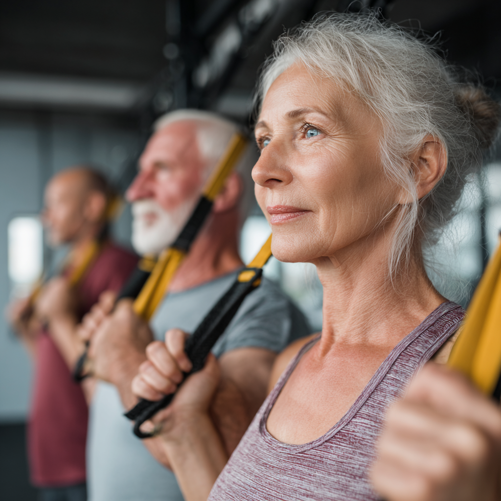 mature adults engaging in functional fitness training together in studio environment