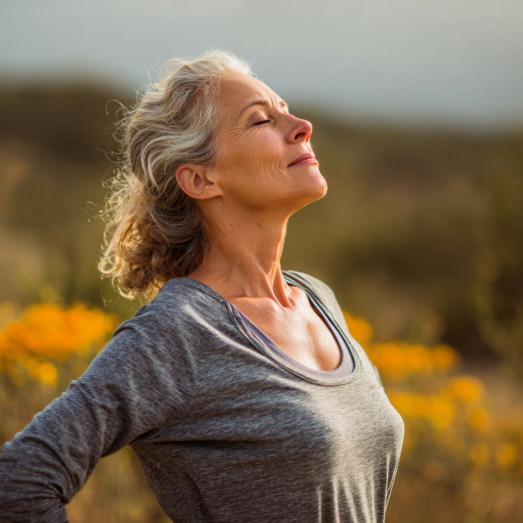 middle aged woman practicing mindful movement outdoors in natural setting